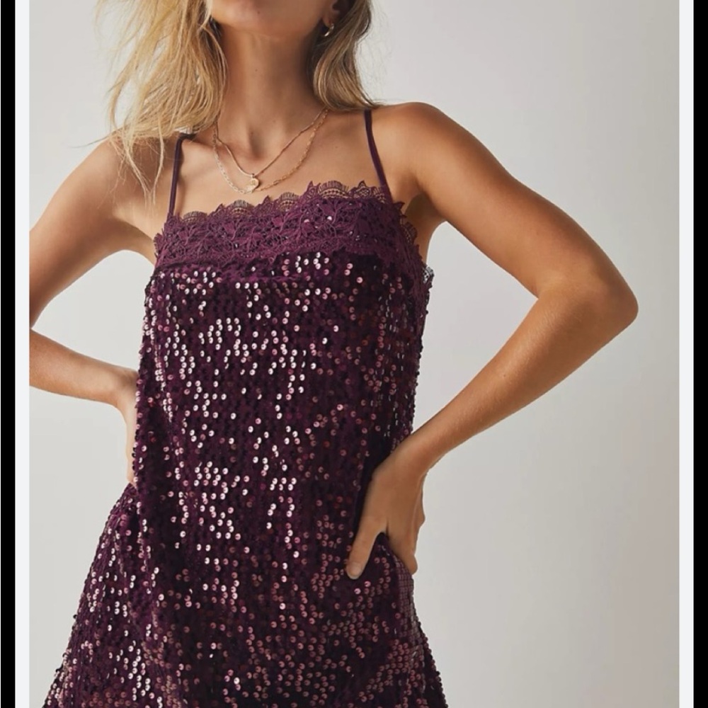 NWT Free People Sequined & Lace Spaghetti Strap Dress in Deep Plum